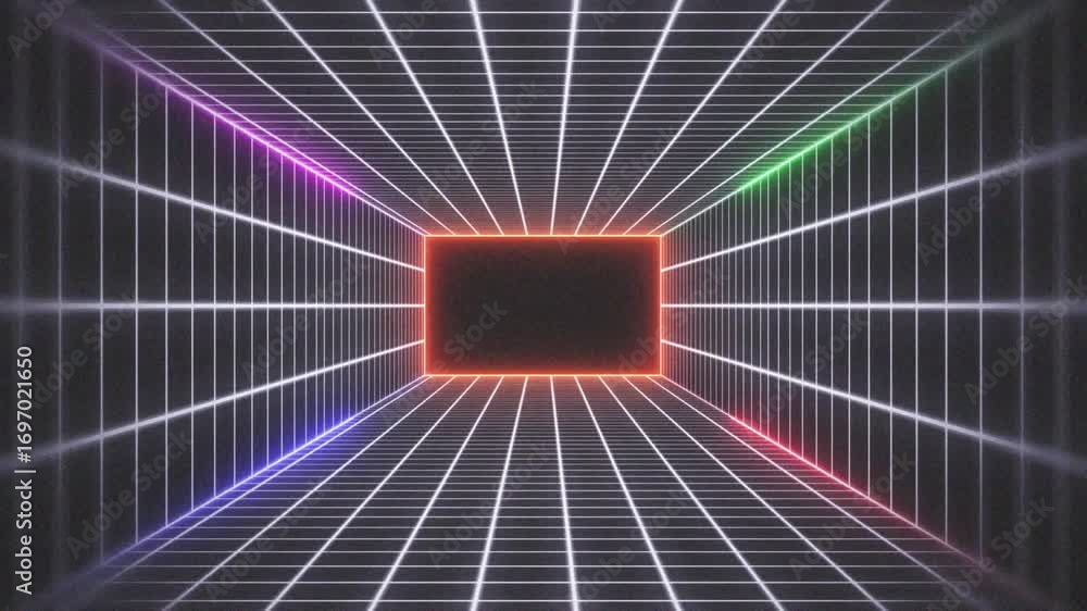 Poster glowing white grid pattern and colorful neon lines and frames on a black background, perfect for dig
