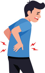 Man experiencing back pain with red pain symbols in blue shirt and black pants vector illustration 