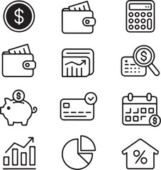 Set of financial icons including coin wallet calculator piggy bank credit card and charts