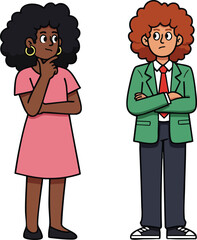 Two diverse thoughtful people standing with crossed arms and pensive expressions in casual and semi-formal clothing vector illustration 