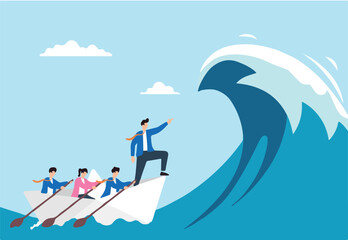 Flat illustration of businessman captain point forward leading team to survive big wave storm