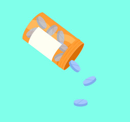 Blue tablet pills are falling from orange medication bottle isolated on green background. Flat vector illustration of medicine, health care, paitent treatment, drug, medical care, sickness, illness.