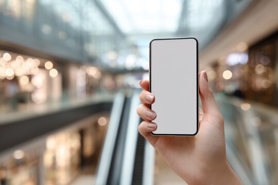 Person holding a blank smartphone in a bustling shopping mall while standing near an escalator