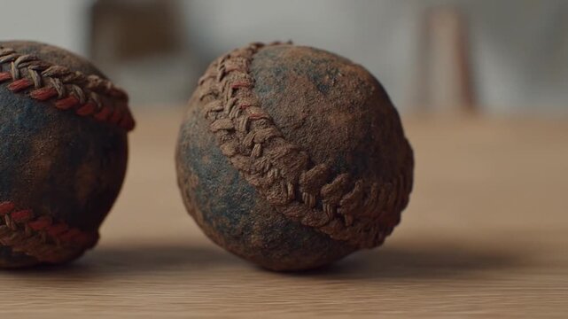 Close-up shots of antique baseballs displaying unique stitch patterns and weathered textures