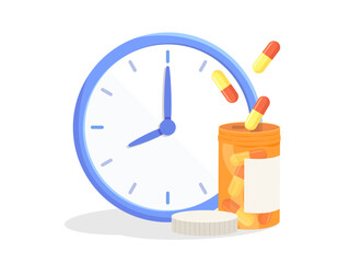 Time to take medication. Blue clock with capsule pills bottle isolated on white background. Concept of time reminder, health, medication cure, medicine. Flat vector illustration.