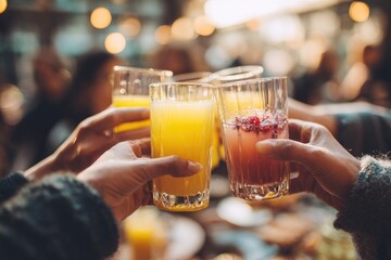 Friends celebrate with colorful drinks in a lively cafe during a weekend brunch gathering in the afternoon