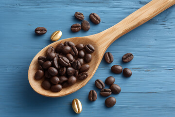 Freshly roasted coffee beans arranged on wooden spoon and table