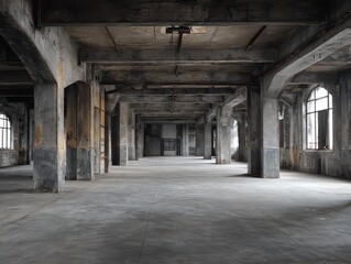 Obraz premium Vast Abandoned Factory Interior: Gray Concrete Floor and Aged Walls