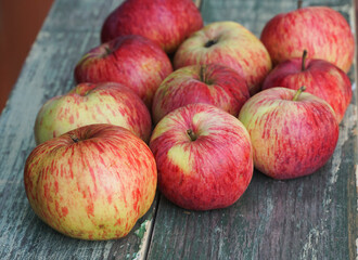 red apples on wooden table. Harvest of home grown apples