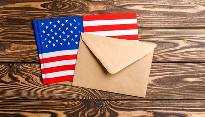 American flag and envelope on a wooden table
