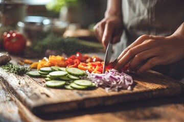 Preparing fresh vegetables for a healthy meal in a rustic kitchen on a sunny afternoon