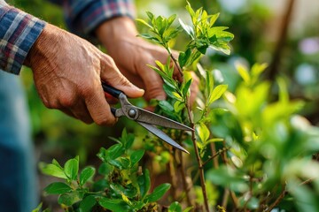 Obraz premium Gardener prunes green shrubs with scissors during spring gardening activities in a backyard garden