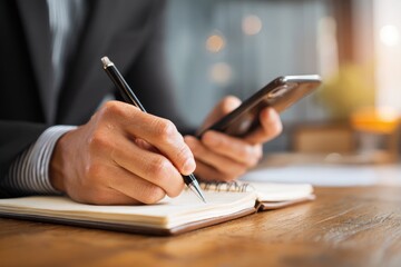 Person writing notes while holding a smartphone in a cozy workspace during daytime