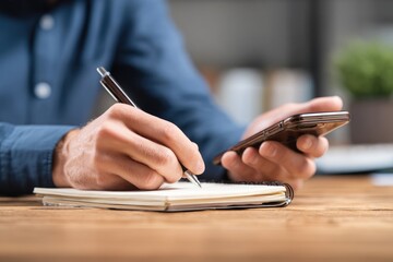 Person writing notes while using smartphone in a modern workspace during daytime