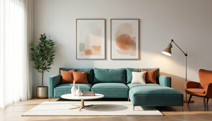 Modern living room interior features teal sectional sofa, accent chairs, and abstract art. Comfortable home decor with floor lamp, plants, and white rug on parquet floor.