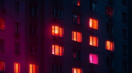 Naklejka premium Colorful lights shine from windows of a high-rise building, creating a striking contrast against the dark night backdrop.