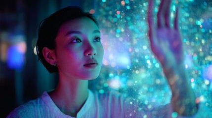 Young woman immersed in vibrant neon digital light, reaching out to touch a futuristic glowing interface, symbolizing innovation and connection.