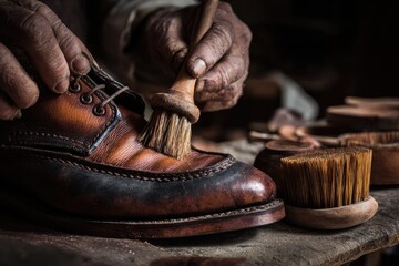 Shoemaker polishing a leather shoe with brushes in a rustic workshop during the afternoon