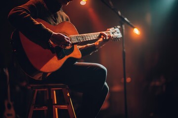 Musician plays acoustic guitar during an intimate live performance in a dimly lit venue at night