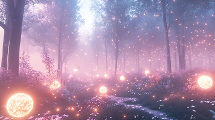 Mystical forest decorated with hanging orbs high resolution picture
