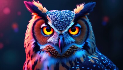 Vibrant neon portrait of owl, featuring intense glowing eyes, detailed feathers in blue, orange, pink hues. Abstract avian art captures predator in natural habitat with sense of pride, mystery.