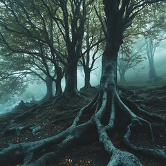 Mystical foggy forest with dramatic tree roots high resolution picture