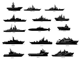 A comprehensive vector set of modern naval ship silhouettes on a transparent background