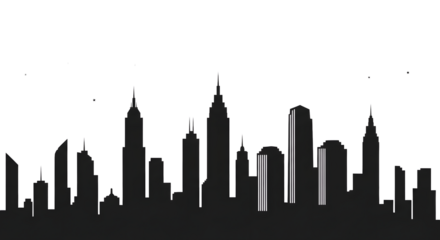 Black silhouette of a city skyline with tall buildings isolated background isolated on transparent background