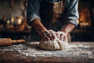 Hands kneading dough in a rustic kitchen while flour dust fills the air during an afternoon baking session