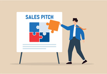 Flat illustration of confident businessman fitting final puzzle piece on whiteboard jigsaw to complete sales pitch strategy