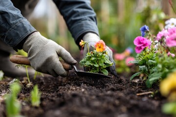 Fototapeta premium Gardener planting colorful flowers in vibrant garden during sunny day