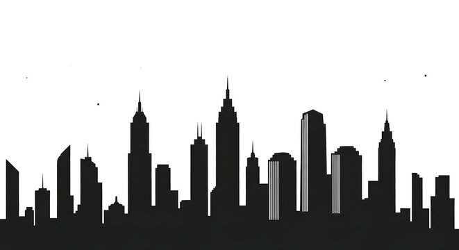 Black silhouette of a city skyline with tall buildings isolated background isolated on transparent background