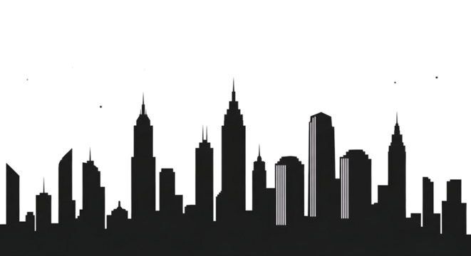 Black silhouette of a city skyline with tall buildings isolated background isolated on transparent background
