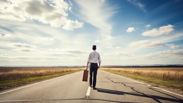 Businessman walking with briefcase on road with sky background showing opportunity. Opportunity for career success concept includes thoughtful employee on roadway under bright sunlight.