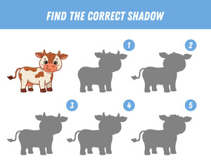 Find correct shadow of cute cartoon cow. Educational logical game for kids. Funny animal. Vector illustration