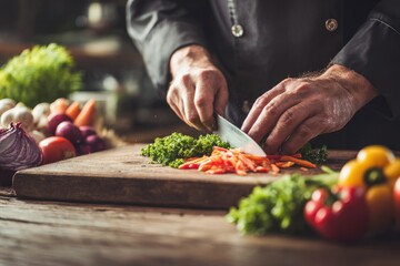 Chef prepares fresh vegetables on cutting board in restaurant kitchen during busy lunch hour with colorful ingredients surrounding