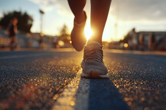 Runner enjoying a sunset jog on a track with warm golden light illuminating the scene
