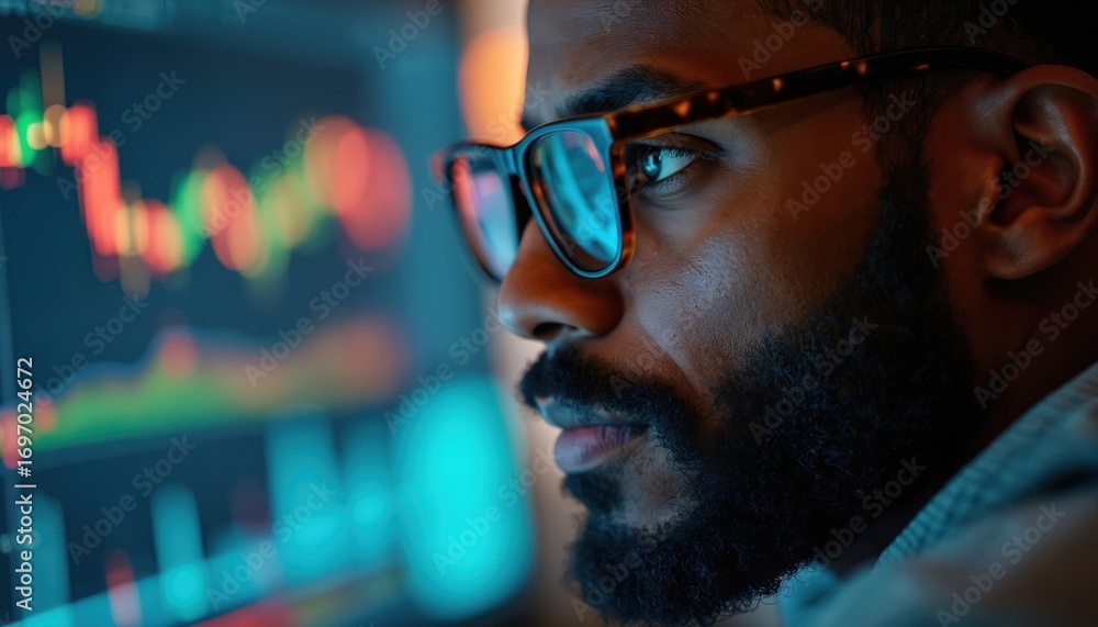 Poster black man analyzes complex financial data on computer screen. intense focus in pro trading office en