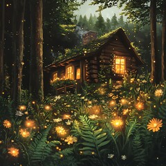 Mystical forest hut with luminous lights high resolution picture