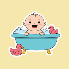 Naklejka premium Baby enjoying bath time in blue tub with pink rubber ducks adorable vector illustration 
