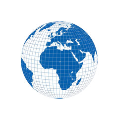 A blue globe with grid lines showing continents isolated on transparent background isolated background