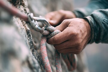 Climber securing rope to anchor on rocky cliff during outdoor adventure in the mountains
