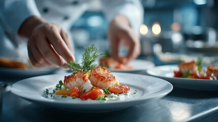 Chef preparing fine-dining seafood dish