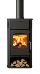 Modern black wood burning stove with fire and wood isolated on transparent background isolated background