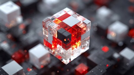 Intricate glowing cube with red and white elements, symbolizing innovation, data, and futuristic technology in a digital abstract background.