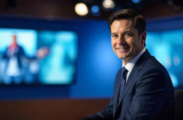 Male news anchor. Professional tv presenter. Journalist live broadcast. Television news reporter. Anchor delivering news.