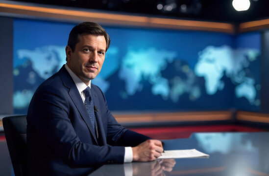 Male news anchor. Professional tv presenter. Journalist live broadcast. Television news reporter. Anchor delivering news.