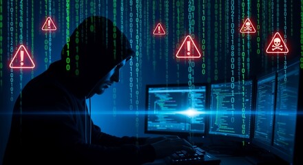 Cyber security threat concept featuring an anonymous hooded hacker breaching a system with multiple monitors, binary code, and digital malware alert symbols