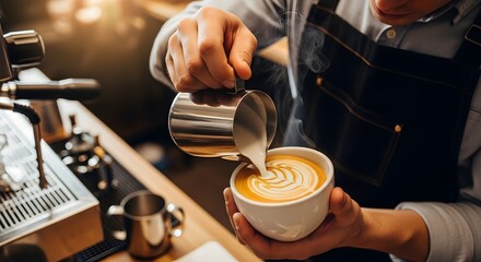 Close up of a skilled barista's hands pouring steamed milk from a pitcher to create beautiful latte art in a coffee shop