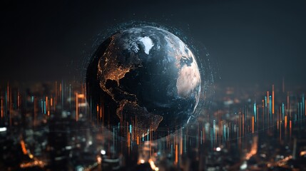 Dynamic global finance forecast visualizing Earth with digital data streams and stock market charts in a modern tech concept.